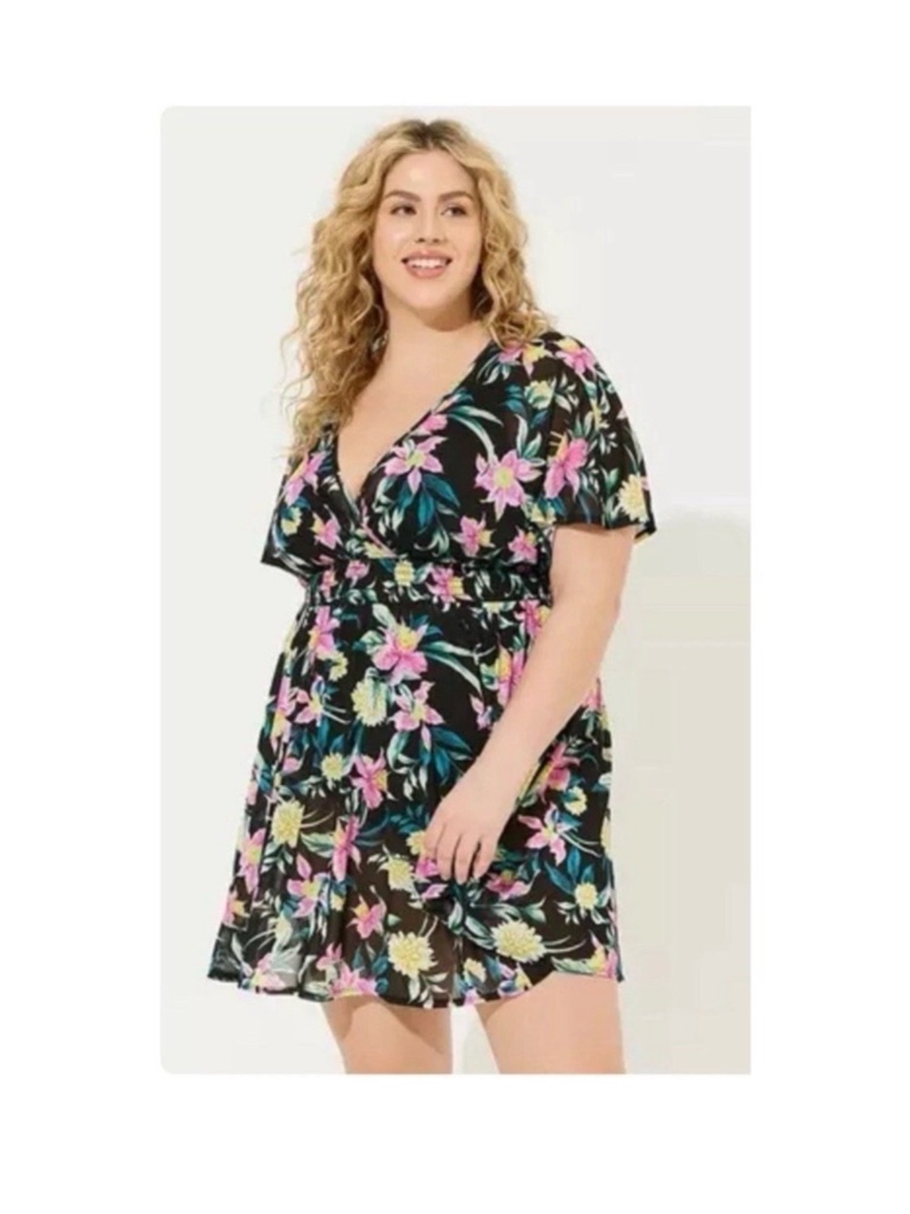 torrid Black Floral V-Neck Swim Cover-Up with Pink & Yellow Flowers 2X